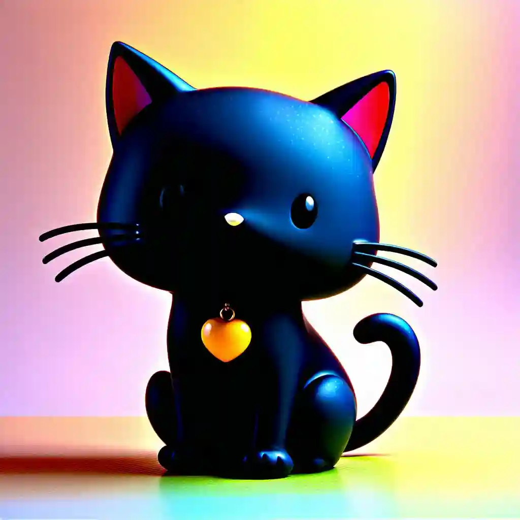 Cute black cat with gold heart necklace on rainbow background