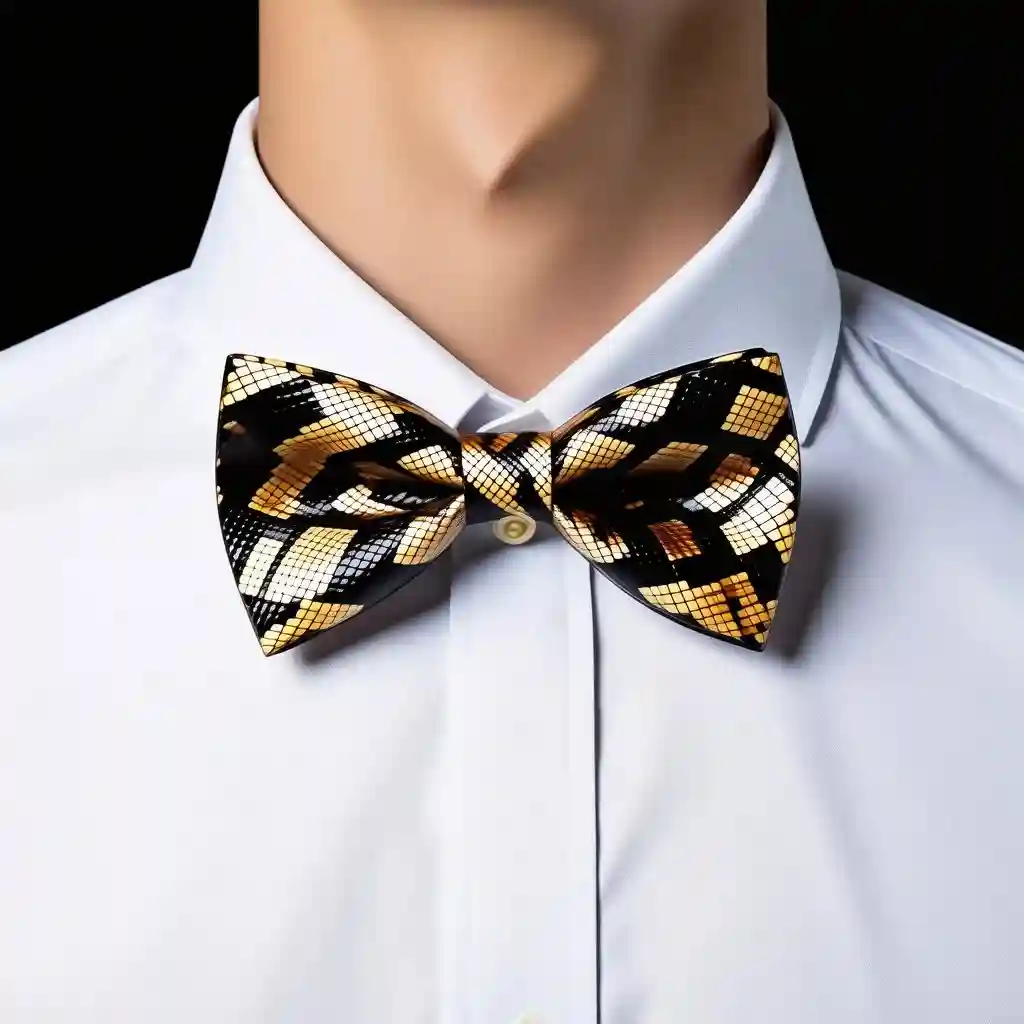 Geometric-patterned bow tie on white collared shirt