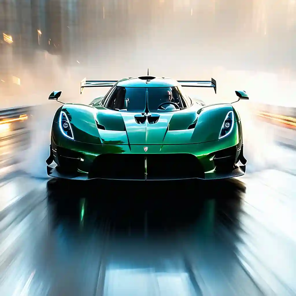 Green supercar with motion blur effect on white background