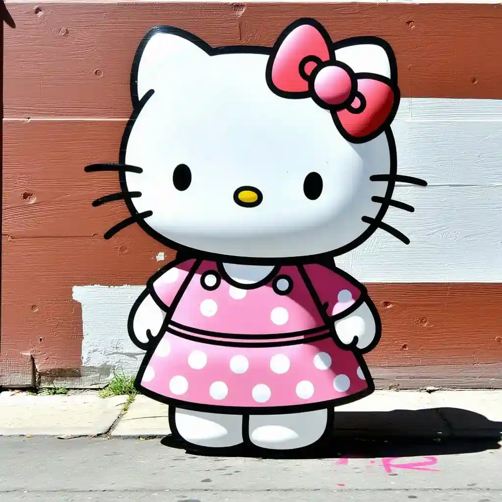 Hello Kitty wearing pink polka dot dress street art