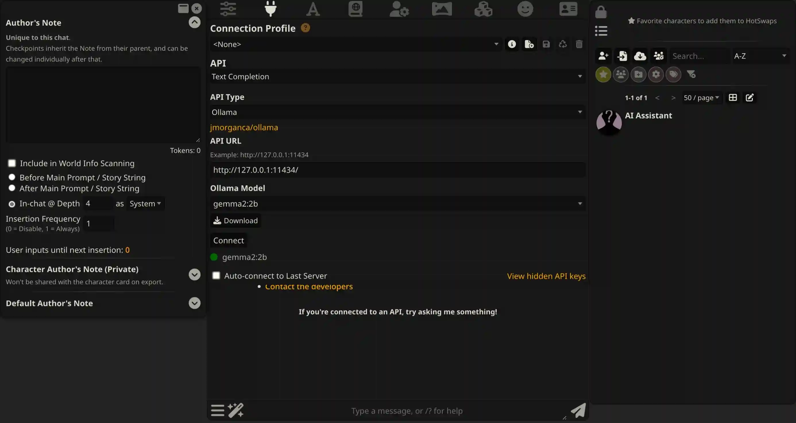 SillyTavern interface showing API connection settings and chat options