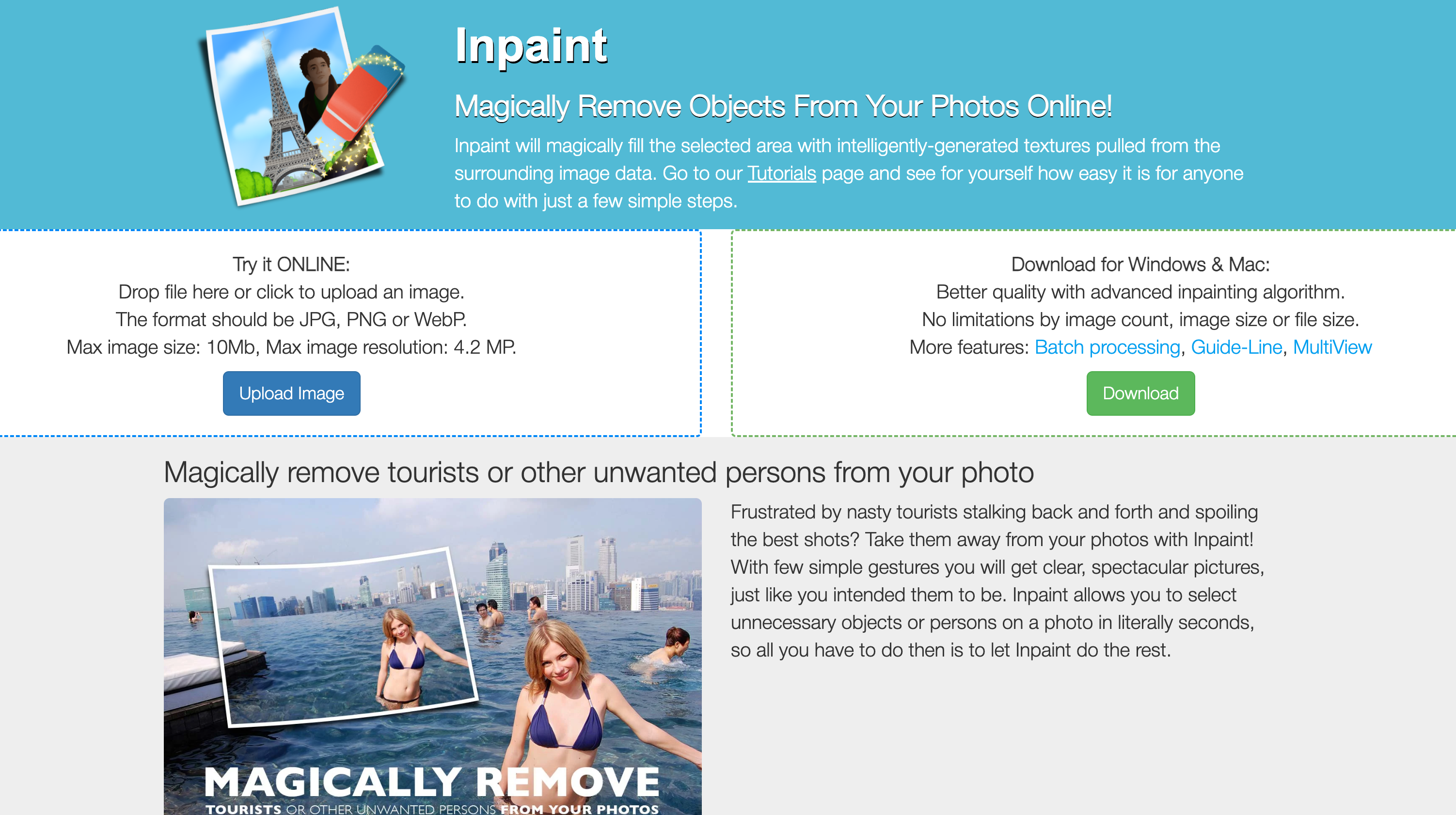 inpaint, Online Object Removal, Magically Remove Objects, Photo Editing, Advanced Inpainting, JPEG, PNG, WebP, Image Resolution, Batch Processing, Guide-Line, MultiView, Tourist Removal, Clear Pictures