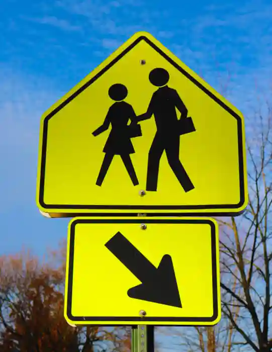 yellow school crossing sign with arrow